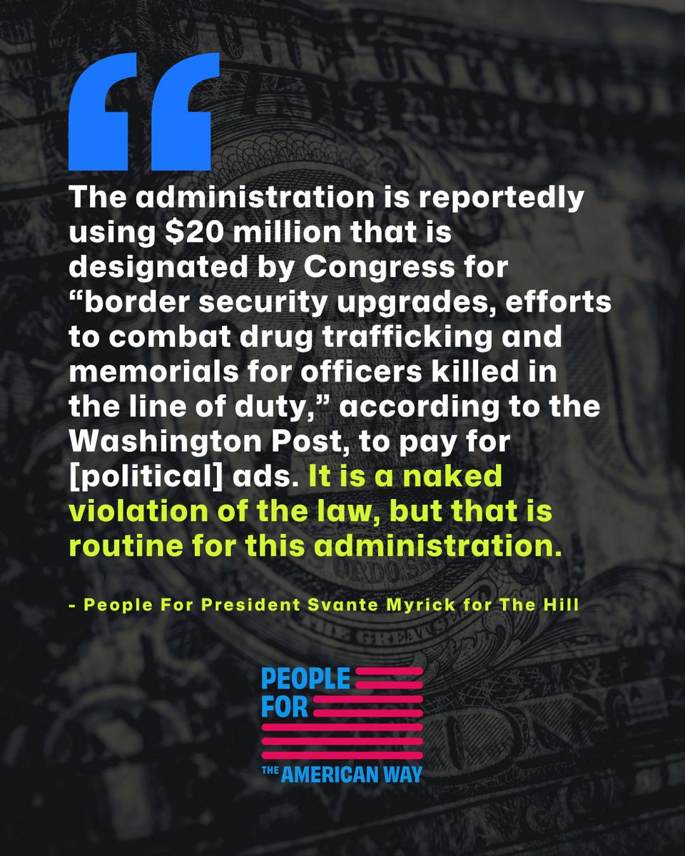 peoplefor's tweet photo. Trump has raised hundreds of millions in PAC money, but he’s using taxpayer dollars to run political ads. It’s up to voters to prove that organized people can beat big money. Read more in our latest op-ed for the Hill. #MoneyInPolitics #Election
https://t.co/TGFz29CUNn https://t.co/xb3EJ89HSZ