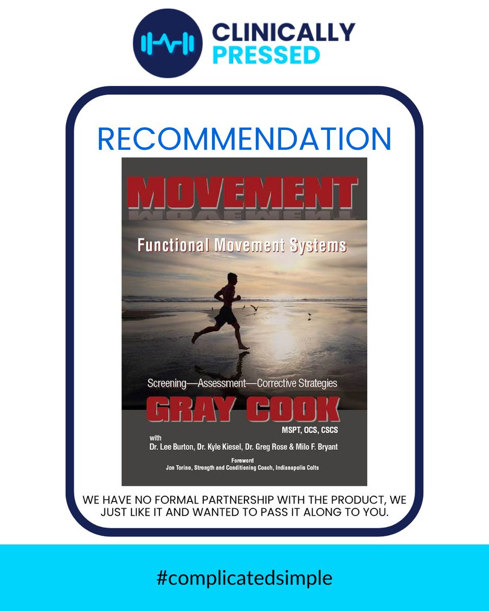 ClncllyPressed's tweet photo. BOOK: Movement-Gray Cook
Functional movement systems. You may not agree with the FMS but the movement concepts of the book are thought provoking.
LINK: https://t.co/UrlJItCVXr
#complicatedsimple #resultsthatgiveback #heartbeatbarbell #recommendation https://t.co/gXF47InBEW