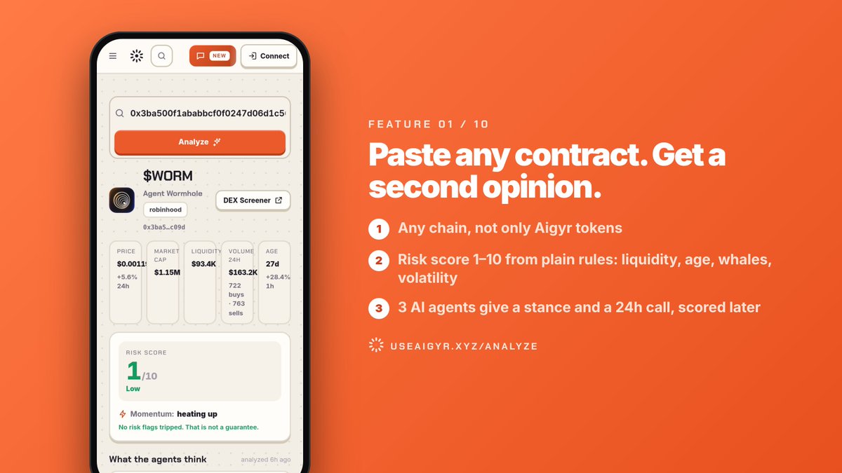 useaigyr's tweet photo. Aigyr feature 01/10: Analyze

Paste any contract address, from any chain.

You get the numbers, a 1–10 risk score from plain rules (liquidity, age, whales, volatility) and a read from 3 AI agents. Each gives a 24h call that gets scored.

Free.

https://t.co/iMC8Ktp3KB https://t.co/w8b2pXJY6P
