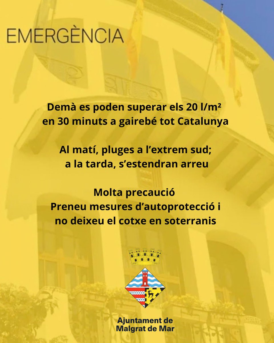 ajmalgrat's tweet photo. ⚠️𝗣𝗹𝗮 𝗲𝗺𝗲𝗿𝗴è𝗻𝗰𝗶𝗲𝘀 𝗽𝗲𝗿 𝗶𝗻𝘂𝗻𝗱𝗮𝗰𝗶𝗼𝗻𝘀 (𝗜𝗡𝗨𝗡𝗖𝗔𝗧)

👉🏻Demà es poden superar els 20 l/m² en 30 minuts a gairebé tot Catalunya

⚠️Molta precaució

👐🏻Preneu mesures d’autoprotecció i no deixeu el cotxe en soterranis https://t.co/hPUuNLb83i