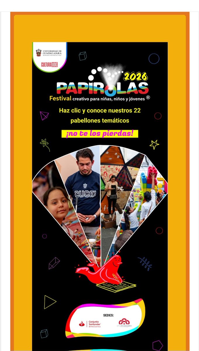 viborildasigue's tweet photo. 22  PABELLONES DE COLOR Y MÁS DE 50 TALLERES TE ESPERAN EN @papirolasgdl .
FALTAN 2 DÍAS PARA QUE EMPIECE LA FIESTA FAVORITA DE NIÑOS Y JÓVENES .
¡NO TE LA PIERDAS!
BOLETOS EN @ConjSantander
#ForoCulturalUniversitarioDeLaUdeG
@ccutulugar https://t.co/MMiYhrO746