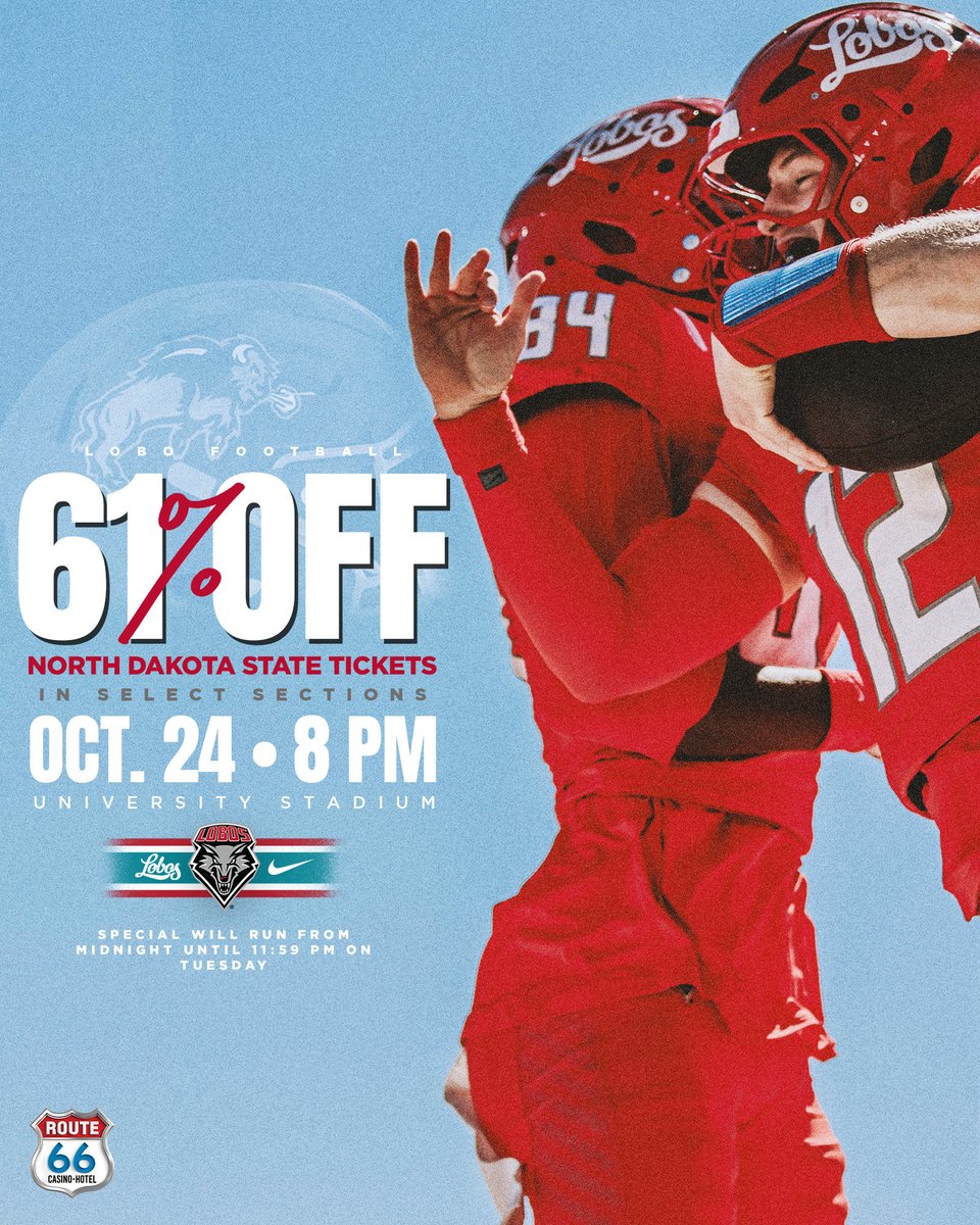 UNMLOBOS's tweet photo. In honor of scoring 61 points against UTEP on Saturday, we're taking 61% off tickets for our next home game vs. NDSU for ๐ฎ ๐น๐ถ๐บ๐ถ๐๐ฒ๐ฑ ๐๐ถ๐บ๐ฒ ๐ผ๐ป๐น๐ tomorrow๐
Sale goes live at midnight!
๐๏ธ: https://t.co/2lt5jCKcS2 https://t.co/RTrspy49j7