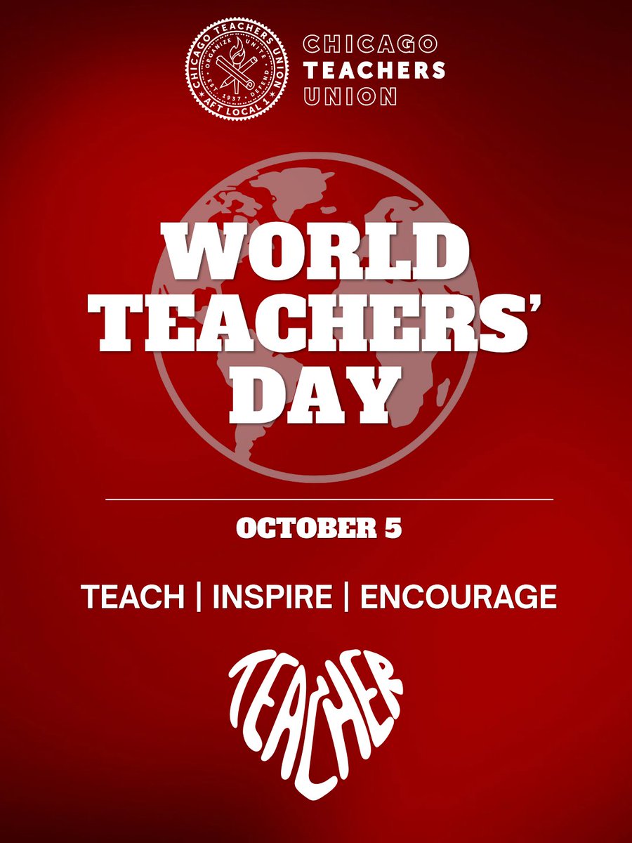 CTULocal1's tweet photo. Today is #WorldTeachersDay! 

We honor and celebrate the educators who ensure students feel welcome in every classroom. Every day we’ll fight to fully fund our schools so that every Chicago student has access to the resources and education they deserve. https://t.co/I35xNdAPVv