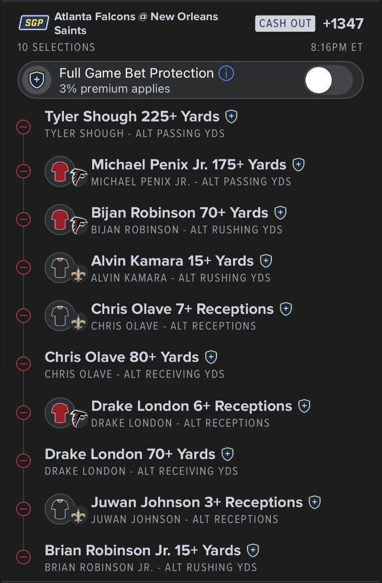 LangBetz's tweet photo. Saints/Falcons:

Shough 225 pass yards, Penix 175 pass yards, Bijan 70 rush yards, Kamara 15 rush yards, Olave 7 receptions and 80 rec yards, London 6 receptions and 70 rec yards, Juwan 3 receptions, Brian Robinson 15 rush yards

#whatsyawager @WhatsYaWager @BovadaOfficial https://t.co/QWMT3OpNvT