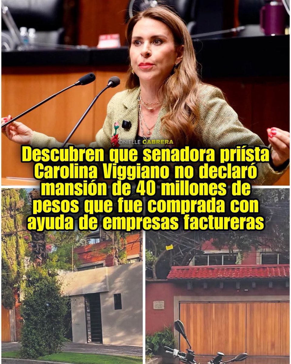FreddyOliviery's tweet photo. 🚨 SENADORA PRIÍSTA OCULTA MANSIÓN COMPRADA CON EMPRESAS FACTURERAS!

La senadora y secretaria general del PRI Carolina Viggiano, adquirió una mansión valuada en más de 40 millones de pesos en Lomas de Chapultepec, una de las zonas de mayor plusvalía del país, según reveló El Universal. De acuerdo con el Registro Público de la Propiedad de la CDMX, en la operación aparecen dos empresas señaladas por el SAT como parte de un presunto esquema de facturación falsa: Borsa Inmuebles y Bienes Raíces, y Corporativo Awiki, esta última identificada como proveedora del gobierno de Rubén Moreira (esposo de la propia senadora) en Coahuila.

La propiedad no apareció en la declaración patrimonial que Viggiano presentó al inicio de la LXV Legislatura en 2022, y actualmente figura como domicilio fiscal de su hijo.

Vía: @DnielleCabrera