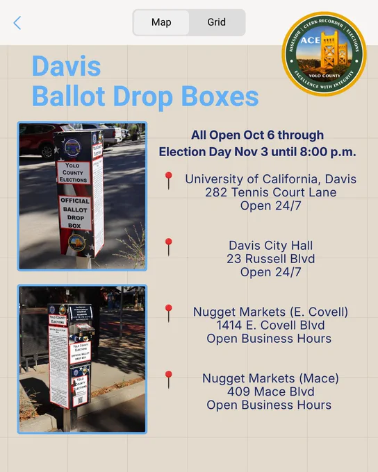 Davis ballot drop box locations and hours: open Oct 6–Nov 3 until 8:00 p.m.;