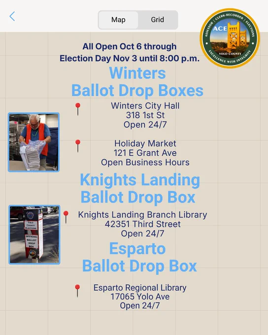 Map-style flyer showing Yolo County ballot drop box locations and hours: Winters, Knights Landing, Esparto; header notes open Oct 6 through Election Day Nov 3 until 8 p.m.; includes county seal and small photos of ballots and a drop box addresses and exact hours listed.