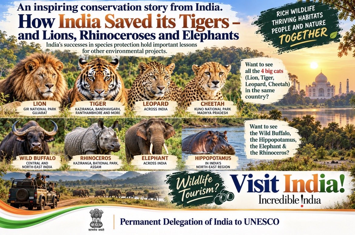IndiaatUNESCO's tweet photo. How India Saved its #Tigers – and #Lions, #Rhinoceroses and #Elephants
India's successes in species protection hold important lessons for other environmental projects. 🇮🇳
#Environment #WildLife #India #VisitIndia #IncredibleIndia
@VishalVSharma7 https://t.co/p8ZZJ7mYap