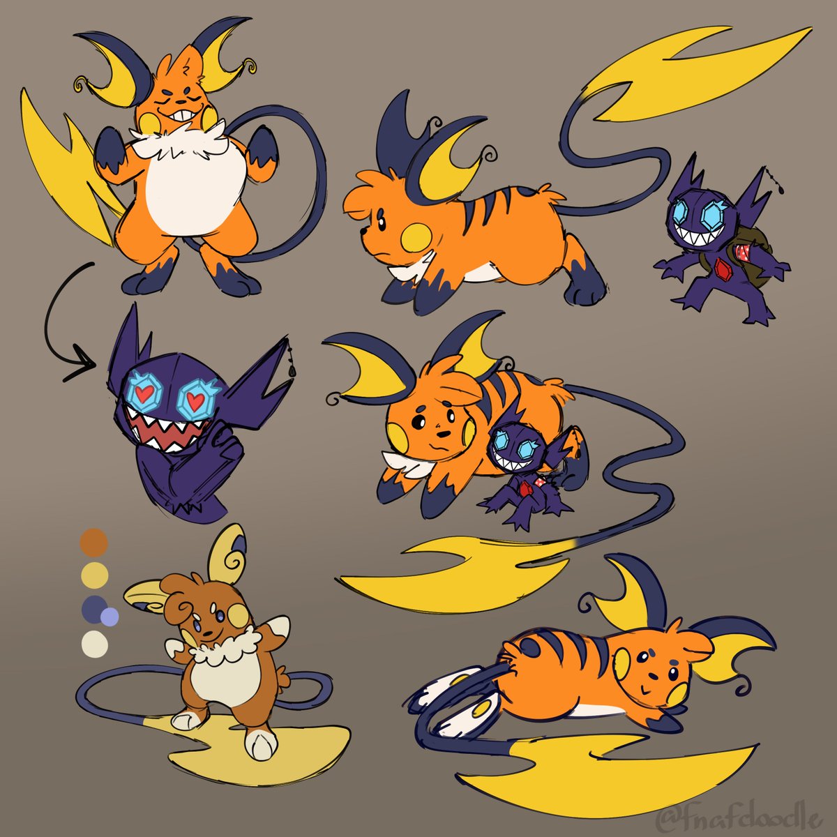 fnafdoodle's tweet photo. My Raichu hyperfixation has brought me so much joy and peace in art I cannot (feat. my husband's Sableye Pebble and Alola version of my Raichu) https://t.co/J6cD3Pyfhb