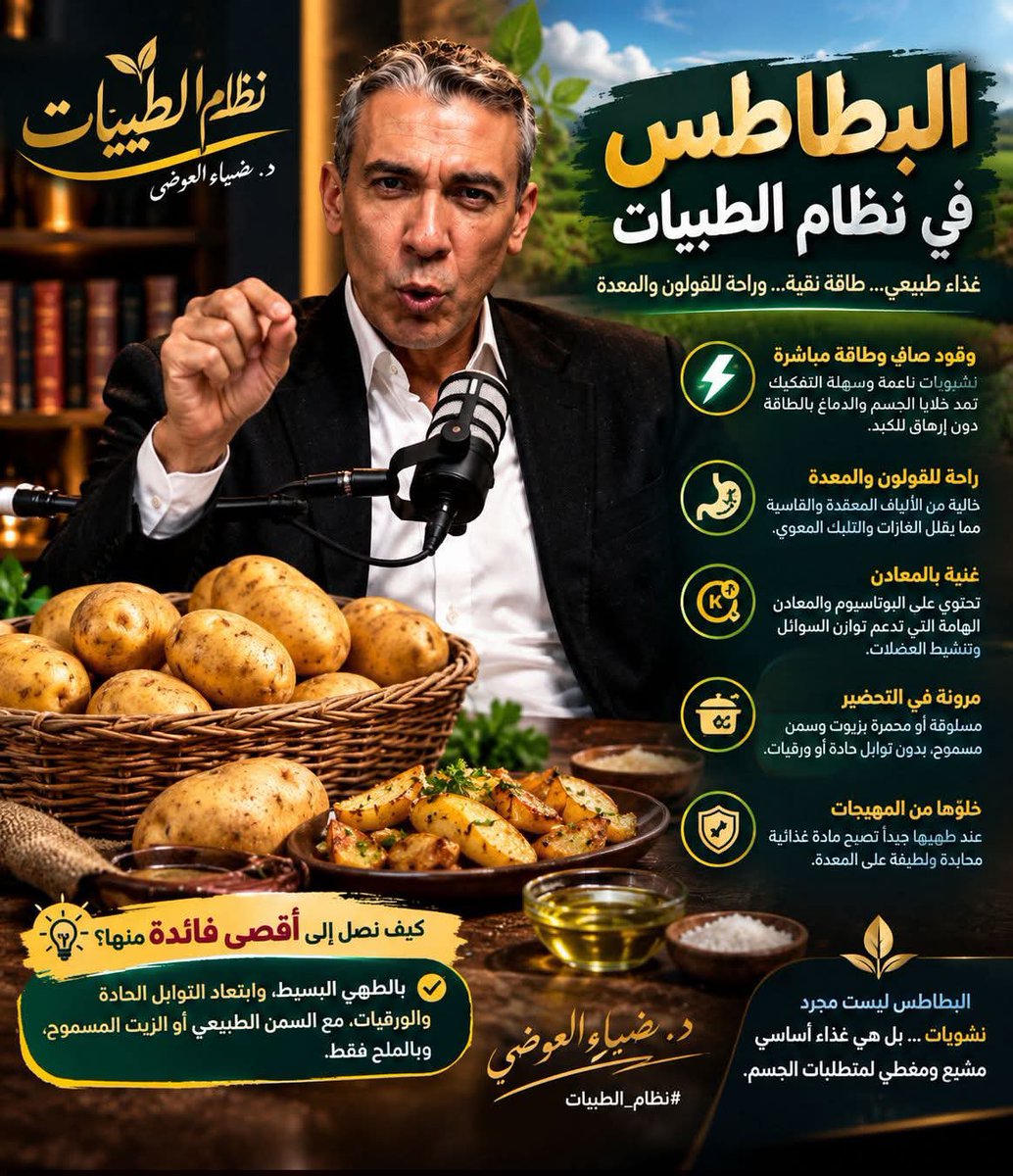 AliAli137278's tweet photo. ماذا تعرف عن البطاطس في «نظام الطيبات» ؟

تعدّ من أنقى وأجود مصادر الطاقة الصافية التي يحتاجها الجسم، وهي غذاء مريح جداً للقولون والمعدة، وسهل الامتصاص والتحويل إلى طاقة فورية عند طهيها وإعدادها بطريقة صحيحة.

​فكيف تكون البطاطس خياراً استراتيجياً ومثالياً في نظام الطيبات؟

​❖ أولًا: وقود صافٍ وطاقة مباشرة
تتكون البطاطس من نشويات ناعمة وسهلة التفكيك، تمد خلايا الجسم والدماغ بالطاقة الحيوية اللازمة دون إرهاق للكبد أو استهلاك طاقة الجسم في عمليات هضم معقدة.

​❖ ثانيًا: راحة مطلقة للقولون والجهاز الهضمي
تتميز البطاطس بكونها خالية من الألياف المعقدة والقاسية التي تسبب التلبك المعوي، الغازات، أو تهيج جدار الأمعاء، مما يجعلها خياراً أمنًا لمرضي القولون.

​❖ ثالثًا: غنية بالمعادن وتوازن السوائل
تحتوي البطاطس الطبيعية على نسب ممتازة من البوتاسيوم والمعادن الهامة التي تدعم توازن السوائل داخل الخلايا وتساعد في الحفاظ على نشاط الدورة الدموية وصحة العضلات.

​❖ رابعًا: مرونة ولذة في التحضير المسموح
سواء كانت مسلوقة أو محمرة في الزيوت والسمن المسموح (دون إضافة بهارات حادة أو خضرة)، فإنها تحتفظ بجميع فوائدها وتمنح إحساساً رائعاً بالشبع والارتياح بعد الوجبة بدون خمول.

​❖ خامسًا: خلوّها من المهيجات الطبيعية
عند طهيها جيداً بدون التوابل والورقيات المزعجة، تصبح البطاطس مادة غذائية محايدة ولطيفة، تعمل على تهدئة غشاء المعدة وتقليل الالتهابات بدلاً من تهيجها.

​إذن كيف نصل إلى أقصى فائدة منها؟
​السر يكمن في طريقة الطهي؛ بالابتعاد عن التوابل الحادة (كالفلفل الأسود والشطة) والورقيات الخضراء، والإبقاء على الطهي البسيط بالسمن الطبيعي أو الزيت المسموح مع الملح.

​والأهم من ذلك:
​النشويات الموجودة في البطاطس ليست تهمة أو عنصراً ضاراً، بل هي الوقود الأساسي المريح الذي صُمم جسمك ليتعامل معه بسهولة وسلاسة ضمن منظومة التغذية الصحيحة.

​فالبطاطس ليست مجرد "نشويات"، بل هي غذاء أساسي، مشبع، ومغطي لمتطلبات الجسم بنجاح .

​#شرح_نظام_الطيبات
#دكتور_الطيبات
#نظام_الطيبات
#ضياء_العوضي
​#العالم_العربي
#البطاطس
#فوائد_البطاطس
#صحة_الجهاز_الهضمي