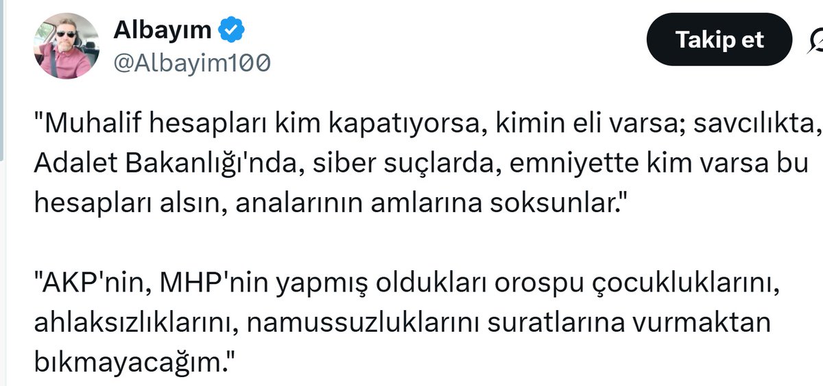 KumandanRte's tweet photo. BU BİR İHBAR VE SUÇ DUYURUSUDUR!

Hesabı erişime kapatılan bu şahıs, hesabını erişime kapatan savcılara, Adalet Bakanlığına, Siber Suçlarla Mücadele'deki memurlara ve emniyet mensuplarına çok ağır hakaret etmiştir.

Bu şahsın hesabını erişime kapatanlardan ricamdır: Sizin anneniz benim annemdir. Bu sözler kanıma dokundu. Lütfen bu şahsı alın, bir yere kapatın ve tek tek o sözlerin hesabını ona sorun...

Yeni bir hesap açmış ve aynı sözlerin benzeri yeni hesabından da paylaşmıştır. Yeni hesabının kullanıcı adı: @Albayimm0 

@mustafaciftcitr
@abakingurlek
@EmniyetGM
@TC_icisleri
@SiberayEGM
@iletisim