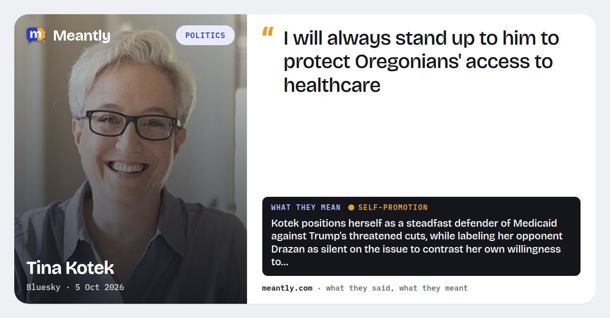 Meantlyhq's tweet photo. 🔥 Tina Kotek: “I will always stand up to him to protect Oregonians' access to healthcare”

Kotek positions herself as a steadfast defender of Medicaid against Trump's threatened cuts, while labeling her opponent Drazan as silent on the issue…

#TinaKotek #Politics #WorldNews https://t.co/YJRSTsFKh4