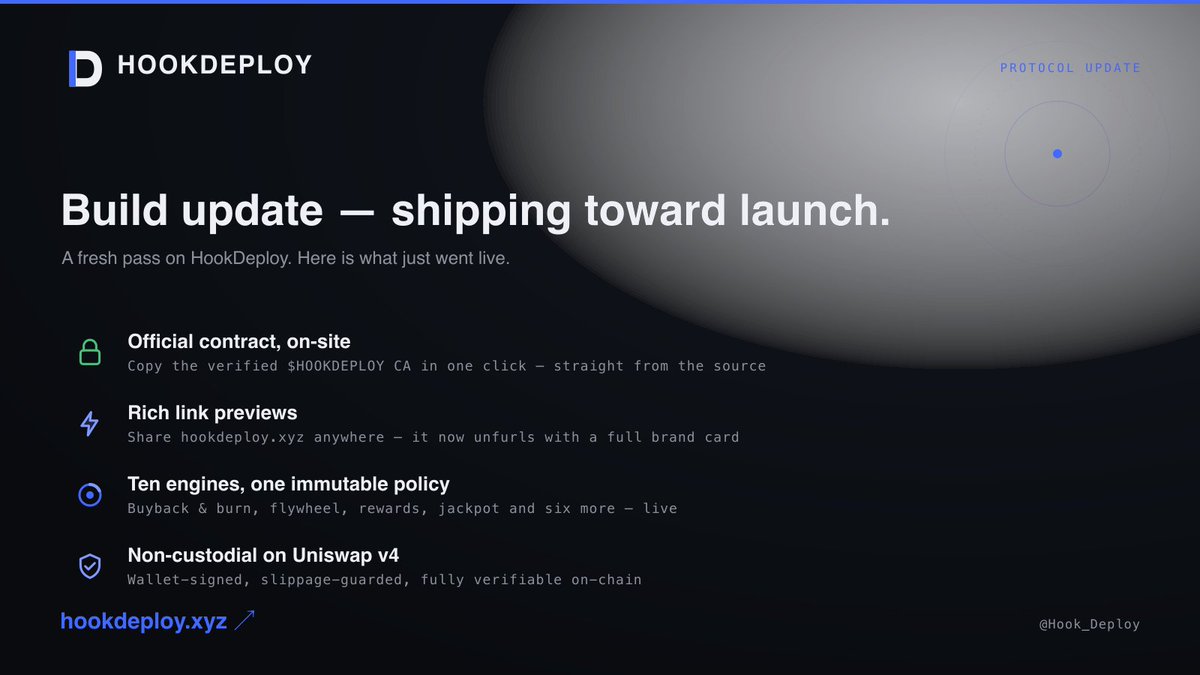 Hook_Deploy's tweet photo. Build update HookDeploy, polished for launch.

— Official $HOOKDEPLOY contract now on-site, one click to copy — straight from the source

— Links now unfurl with a full brand card wherever you share https://t.co/HkRiV6x0RH

— Ten engines live: buyback & burn, flywheel, rewards, jackpot, and six more — one immutable policy per launch

— Non-custodial on Uniswap v4: wallet-signed, slippage-guarded, verifiable on-chain

https://t.co/HkRiV6x0RH

0x0b43c68bc0837e5307a3d3c32fe88ee601d1d171