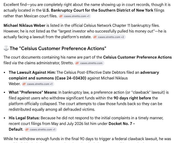 EquityDiamonds's tweet photo. WHERE IS MICHAEL "NIKLAUS WEBER" GRÖNAGER?

2019, July:  Craig Wright shows his lawyers at Ontier he can access Satoshi Nakamoto's private account on https://t.co/sn4dvV6gsU, the site Satoshi is factually known to have bought and reserved the https://t.co/AA6hh2MPGN website in August 2008 before Bitcoin was released in Jan 2009. His main lawyer writes up the experience and vows to log in himself after the weekend.  But over the weekend, Satoshi's account is mysteriously suspended.  Simon Cohen is the lawyer witness to these events.

2019, July 18-25: Simon Cohen of Ontier files formal witness statements revealing he was shown access to Satoshi's secret https://t.co/sn4dvV6gsU account, including screenshots never-before seen.  

2021, April 9:  COPA (Dorsey, Zberg, Coinbase, Saylor, etc...) files lawsuit against Craig Wright claiming he is not Satoshi Nakamoto

2021, April 30 to May 7: Ontier on behalf of Dr. Wright, submits his evidence (known as "Wright1" in the court) including the access of https://t.co/sn4dvV6gsU to the court.  This is, of course, a HUGE problem for COPA lawyers, COPA members, and even https://t.co/sn4dvV6gsU itself, as it can be subpoenaed at a future date, including criminally, depending on data which is made available via the COPA lawsuits.

2021, August: a "loose end" is tied up, when https://t.co/sn4dvV6gsU makes the odd decision to go offline after years of serving anons and criminals and Satoshi Nakamoto whose account was recently accessed by Craig Wright's Canadian lawyers.  There's not only witnesses to this, but written evidential accounts.

Q1 2024: Funded with millions of dollars from some of the most powerful and wealthy men in crypto and Silicon Valley, COPA hires a one-man lowly-credentialled "guy" in the UK as their technical auditor of evidence.  This low-browr hire is accompanied by admission by the lone IT guy that he had zero help from anyone else, not even a secretary to do TONS of forensics work for a very small fee.  He doesn't even write his own forensic reports; COPA's lawyers write it for him.  This random forensic guy's testimony was what COPA mainly relied-upon in the Satoshi Nakamoto identity trial.  The skimped on the hiring, passing up highly credentialled serious big-firm forensic auditors to grab an unknown.  VERY VERY out-of-the-ordinary behavior for a large legal operation with trillion-dollar btc blockchain hanging in the balance.  If COPA lost this case, btc would've ceased to exist by now, as Wright would've claimed the Bitcoin copyright, the Bitcoin file format, the Bitcoin White Paper (he already won his court case on this right in the UK against an anonymous no-show named "Cobra" who is most likely Martti Malmi), and the Bitcoin database containing every btc transaction ever logged.

2024, Sep 25: Michael Gronager, founder of Chainalysis which works exclusively for governments to help them track down and monitor terrorists, cyber-criminals, and other undesirables, disappears from his duties.  This occured not long after he was doxxed as founder "Niklaus Weber" of https://t.co/sn4dvV6gsU and also potentially the largest investor in the prosecuted fraud Celsius Network (see the 12 year prison sentence of its founder)-- as Michael Niklaus Weber who has never been found but would also be indicted for a maximum prison term of greater than or equal to 30 years if he was revealed to have run from justice.

You know who would've possessed Satoshi-identifying information, before he deleted his whole business and website?  "Niklaus Weber" the pseudonymous one-man founder of https://t.co/sn4dvV6gsU. 

What would honest Federal agencies think if they knew cyber- and crypto-criminals were being tracked by a company and software founded by a guy who made an early career out of hiding people's online identities from same agencies?  Have you ever watched the "The Blacklist"?  Nice fictional show, but law-abiding agencies working with people with close business-ties to criminals and anons, is not exactly a match made in heaven.  Back in my days of government service and security clearances, this would've set off so many red flags and alarms, there'd have been a mad scrubbing and man-hunt scramble within the doors of the Pentagon for sure.  But with the last several administrations, who knows?  Damn country is run like a Banana Republic drug dealer den lately-- pardoning the highest of criminals in the world like water off a duck's back, autopenned, strange deals, later business relationships struck up.

As more revelations and stories come out about Satoshi Nakamoto's identity, this is just a timeline you should know and keep access.

Enjoy your upcoming 17th anniversary of the release of the Bitcoin whitepaper which pre-dated the release of the Bitcoin commodity by > 2 months, as properly-filed commodity protocol releasers are wont to do.

Boring Disclosure, necessary in modern times: I am not on any pharma or street drugs, and have never had a suicidal thought in my life, nor will I ever.