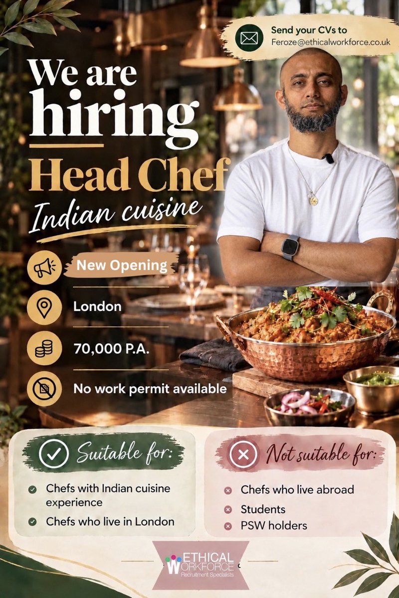 EthicalWorkF's tweet photo. We’re hiring!
Head Chef - Indian Cuisine
New Opening in London

Salary: £70,000 Per Annum

No work permit available 
Please check your eligibility before applying. 

Good luck!

#jobs #restuarant #london #recruitment #chef https://t.co/iJJYBiFoEf