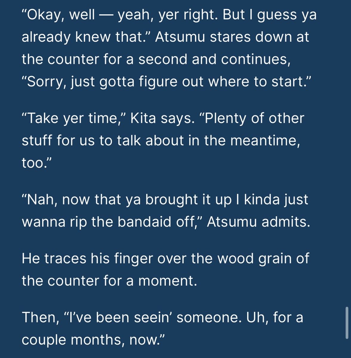 favspacetwink's tweet photo. in honor of atsumu’s bday and my renewed love of haikyuu and passion for writing, here’s another terminal curiosity part 10 sneak peek!! 

#sakuatsu 

(even though sakusa isn’t there he’s the one haunting the narrative) https://t.co/RnFbv56kGA