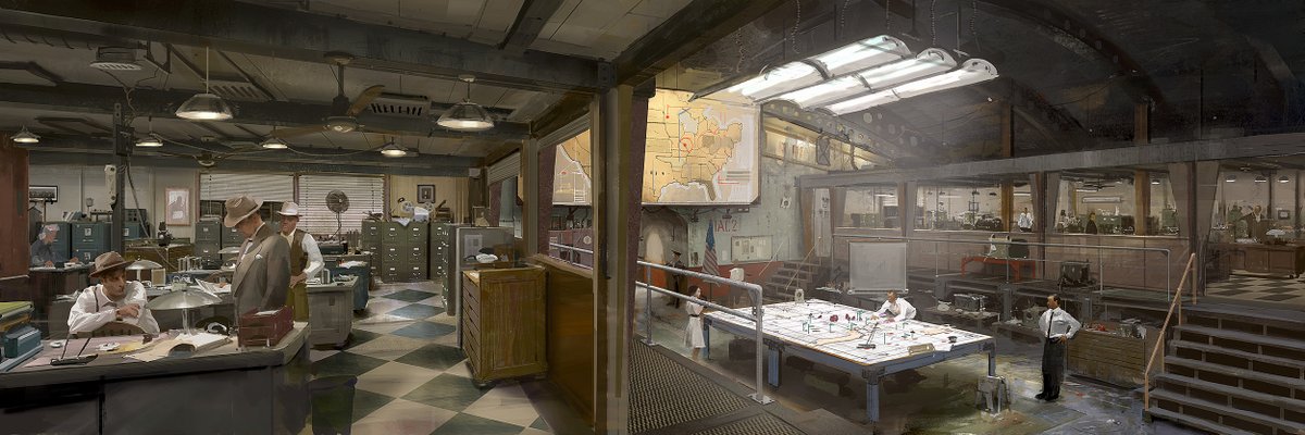 craigmullins3's tweet photo. Done for XCOM game.  maybe 2009?  The 50's FBI goes up against a species that has mastered space, time and physics with pump shotguns.  Don't know if the game ever got made, or if it emerged 5 years later in an unrecognizable form.  It was fun to paint this. https://t.co/vKqSGdqabr