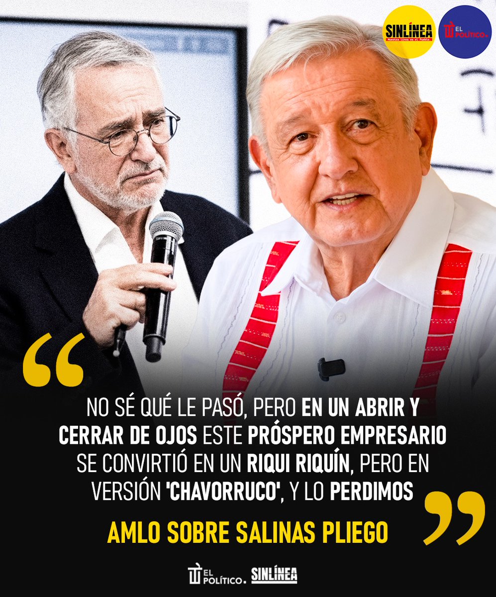 SinLinea_Mx's tweet photo. Eso arde 🔥

🔴 En su nuevo libro #Pueblo, #AMLO (@lopezobrador_) relata que la ambición de #SalinasPliego (@RicardoBSalinas) fue su camino a la deshonra 📖😱 | ¿Cómo ven? 👀👇🏻 https://t.co/XNeHyr6C0o