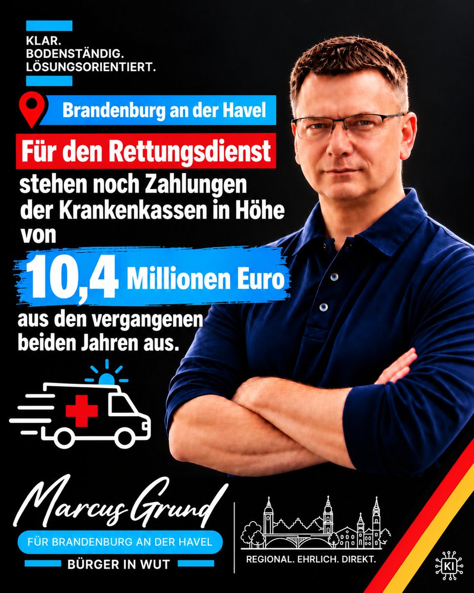 marcusgrundbrb's tweet photo. Brandenburg an der Havel

Für den Rettungsdienst stehen noch Zahlungen der Krankenkassen in Höhe von 10,4 Millionen Euro aus den vergangenen beiden Jahren aus.

Ressourcen, die einen maßgeblichen Mehrwert für die Stadt darstellen.

#BrandenburgAnDerHavel #Rettungsdienst #Finanzen https://t.co/zF3ZMA6ooa