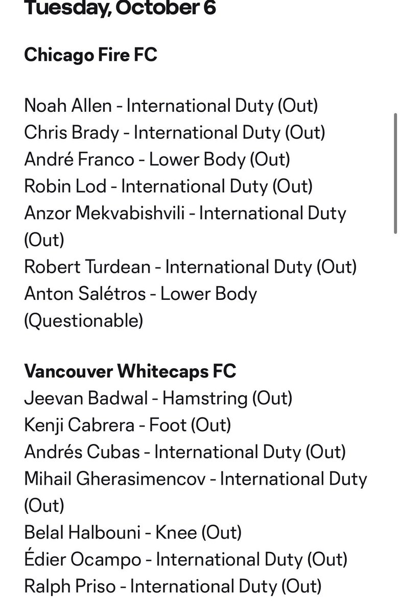 JoeChatz's tweet photo. Chicago Fire FC &amp; Vancouver Whitecaps availability reports ahead of tomorrow night’s contest at Soldier Field #cf97 #VamosFire https://t.co/ymYdFkWcUN