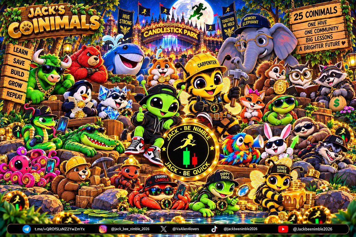 VaAlien4lovers's tweet photo. 🐾🪙 JACK’S COINIMALS — MEET THE WHOLE HIVE! 🪙🐾

Welcome to Candlestick Park, where Jack and Carpenter Bee have brought together 25 Coinimals, each with their own personality and their own lesson about money, crypto, patience, safety, teamwork, and making smarter choices. Different animals. Different lessons. One Hive. One community. A brighter future. 🐝💚

Meet the crew: Bucky the Bull 🐂 • Barry the Bear 🐻 • Wally the Whale 🐋 • Hodl the Hamster 🐹 • Paperhands Penguin 🐧 • Diamond Paws 🐕 • Builder Bee 🐝 • FOMO Fox 🦊 • Steady the Turtle 🐢 • Satoshi Squirrel 🐿️ • Ledger Owl 🦉 • Scammy Raccoon 🦝 • Phishy Snake 🐍 • Clickbait Croc 🐊 • Token Octopus 🐙 • Block Beaver 🦫 • Miner Ant 🐜 • Echo Parrot 🦜 • Pump Bunny 🐰 • Chill Sloth 🦥 • Rug-Pull Wolf 🐺 • Memory Elephant 🐘 • Crabby Candle 🦀 • Dippy Frog 🐸 • Honey Saver 🐝.

From Bucky the Bull to Honey Saver, every Coinimal has something different to teach. LEARN • SAVE • BUILD • GROW • REPEAT. Welcome to Jack’s Coinimals! 🪙🐾🌙

#JacksCoinimals #JackBNimble #JACK #CryptoForKids #FinancialLiteracy #LearnSaveBuildGrow #HiveStrong #CandlestickPark