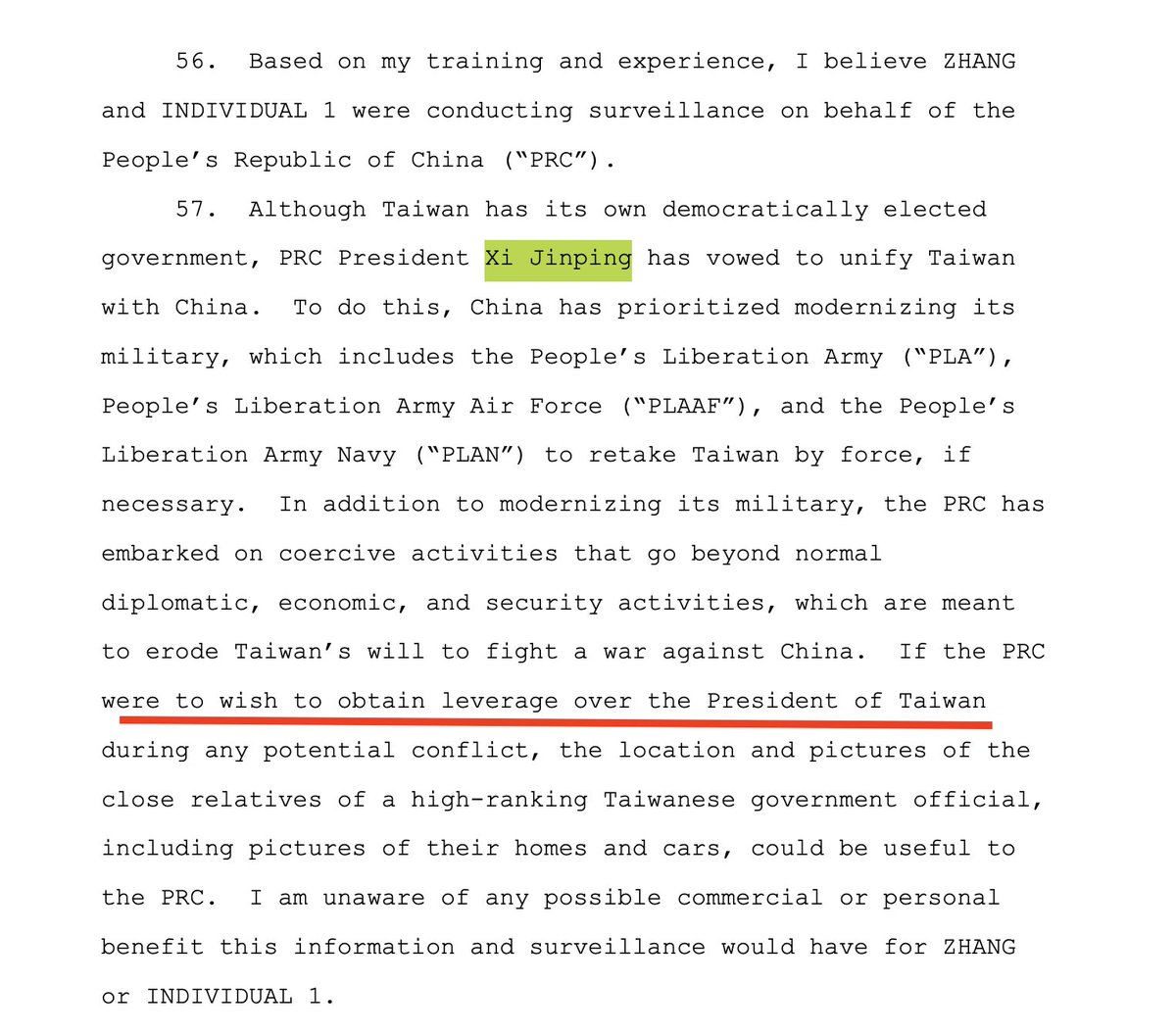 LittleLee_x's tweet photo. FBI：监视赖清德儿子，可能是为了未来台海冲突时拿来“施压台湾总统”。

在张婉莹案的刑事起诉书里，FBI 特工 Kevin Holt 写得非常直白：如果中共未来在潜在冲突中想获得对台湾总统的“筹码（leverage）”，那么掌握其近亲的住址、照片、住宅和车辆信息，都可能对中共有用。

而张婉莹被指控搜集的，恰恰就是这些：
赖清德儿子的住宅、车辆、车牌、本人及家人的影像。

这意味着 FBI 并不只是把这案子理解成普通的“偷拍”或“监视”，而是认为这些家庭信息，未来可能被用来对台湾总统本人施压甚至形成要挟筹码。

美国司法部今天也明确称，这是一场由中国政府指挥、在美国本土针对台湾高级官员亲属展开的秘密监视行动。

真正让人后背发凉的不是他们拍了什么，而是 FBI 认为：这些东西将来可能拿来干什么。