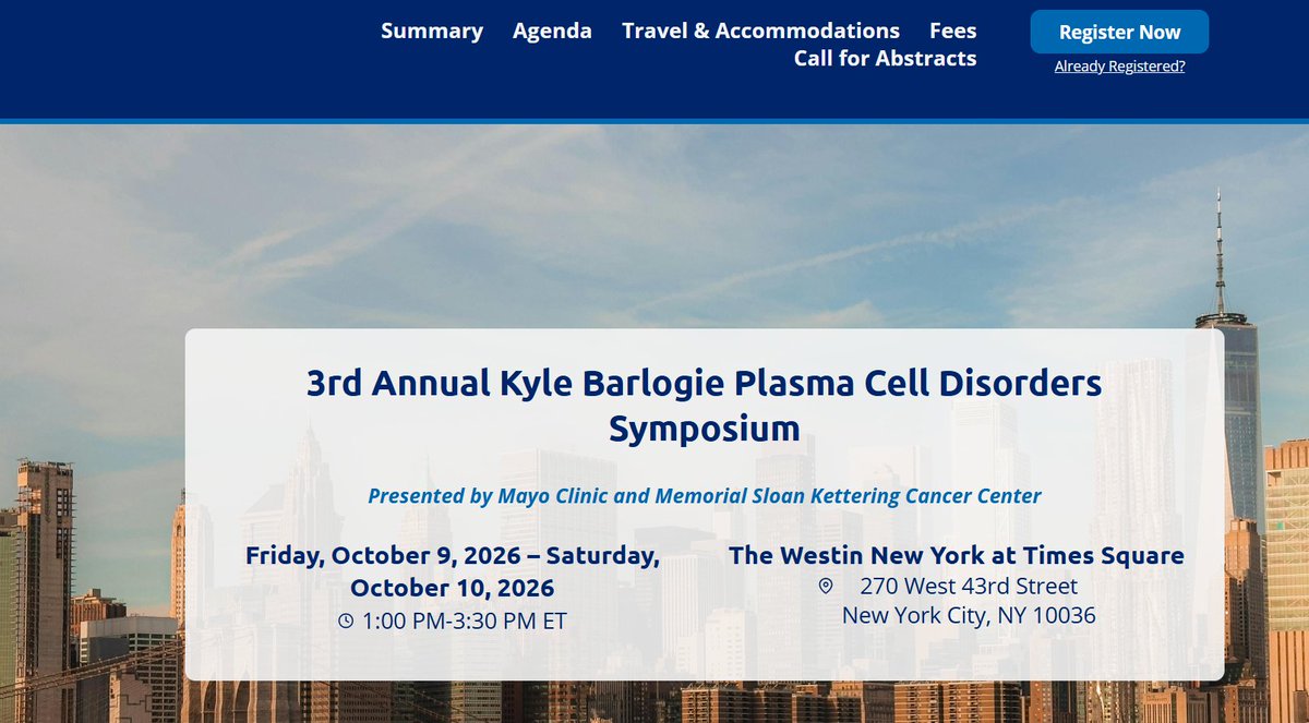 hhashmi87's tweet photo. Looking forward to The 3rd Annual Kyle Barlogie Plasma Cell Disorders Symposium, presented by Mayo Clinic and Memorial Sloan Kettering this weekend in NYC! 🗽

📅 Fri–Sat, Oct 9–10
📍 The Westin New York at Times Square

Two days on what's changing myeloma care right now:

➡️Smoldering myeloma: who to treat, and when
➡️MRD-guided decisions, genomic risk & advanced imaging
➡️Sequencing after BCMA- and GPRC5D-directed therapy
➡️CAR-T & bispecifics in academic and community practice
➡️How to treat older and frail patients
➡️Defining cure in myeloma

Registration is still open:
https://t.co/O81CzKYTw7
See you there! #mmsm #Medtwitter @Myeloma_Society