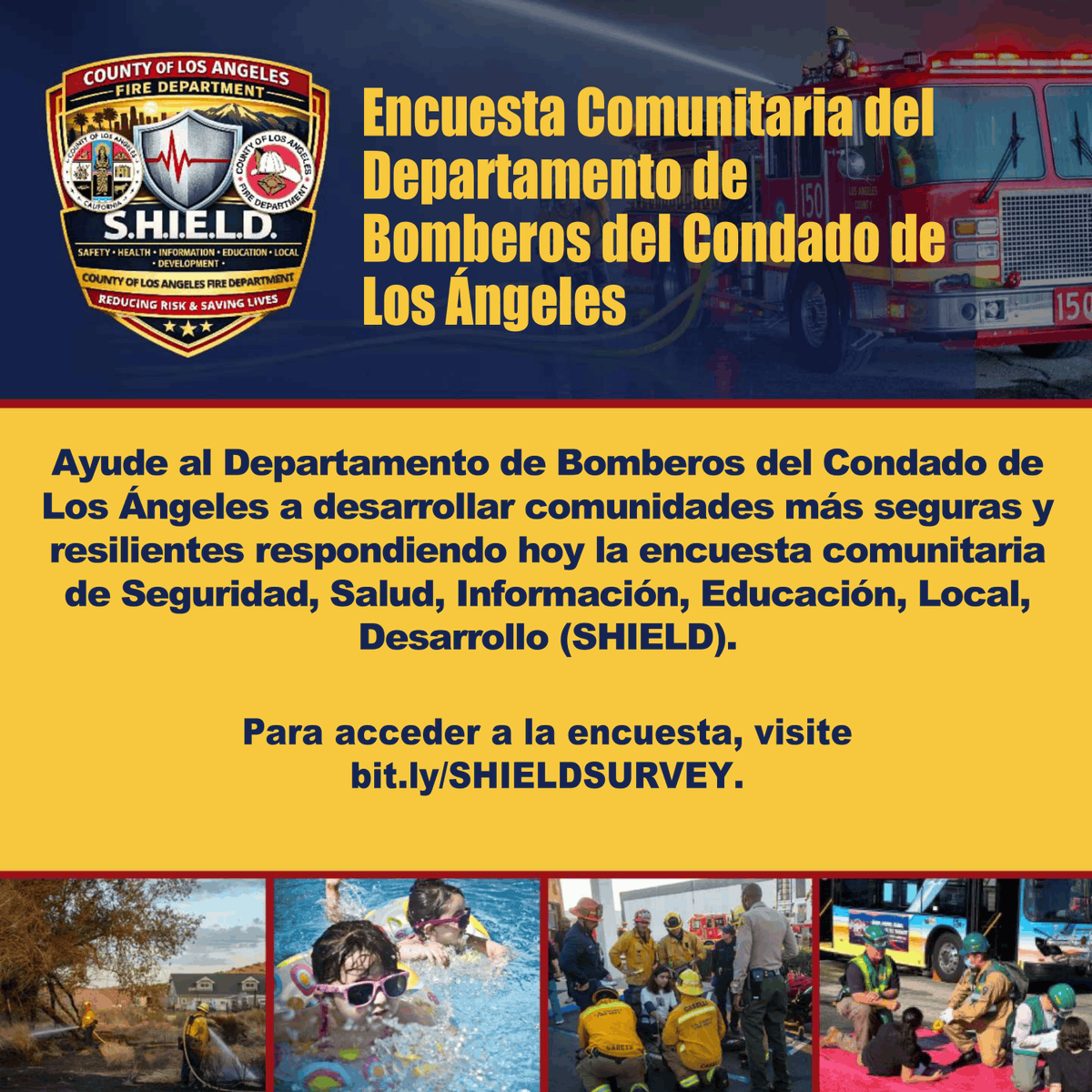 bellgardenscity's tweet photo. Help Shape the Future of Safety in LA County
October is Fire Prevention Month! To help us build safer, more resilient neighborhoods, the #LACoFD has launched the S.H.I.E.L.D. Community Survey.
Make your voice heard. To take the survey today, visit https://t.co/fQYswCTRzO https://t.co/lHMIlWHoUF