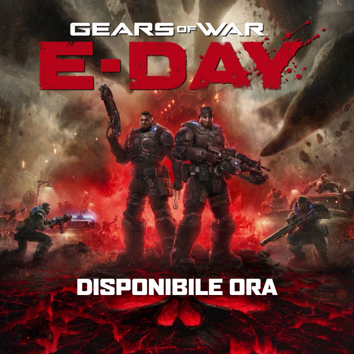 Promotional artwork for the video game 'GEARS OF WAR E-DAY' featuring two soldiers in heavy armor holding weapons against a fiery, apocalyptic red background, with the text 'DISPONIBILE ORA' (Available Now).