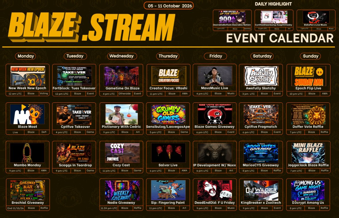 blaze_stream's tweet photo. Blaze Weekly Creator Calendar 

The calendar is live! If you’re featured this week, be sure to drop your channel below so the community can tune in and support you.

Have an event you’d like featured next week? Join the Blaze Discord and submit it for consideration.

Let’s keep the streams rolling.