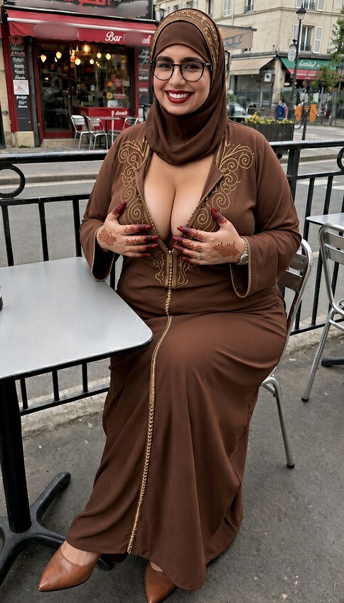 BoukriLeila's tweet photo. a la terrasse d un café en attendant ma commande je me fait prendre en photo avec ma djellaba en mode super décolleté avec une belle vue sur mes gros #nichons https://t.co/gGDdF7PL5u