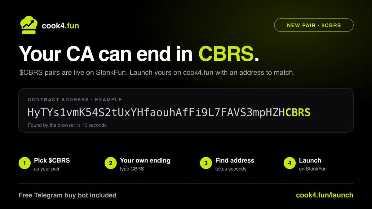 cook4funSF's tweet photo. $CBRS pairs just went live on StonkFun.

Make your coin's CA end in CBRS too 👇

1. Pick the $CBRS pair on https://t.co/9uuyvshWgL
2. Choose "Your own ending" and type CBRS
3. Your browser finds the address in seconds
4. Launch on StonkFun

Free Telegram buy bot included 🍳
https://t.co/PFqffB1qV5