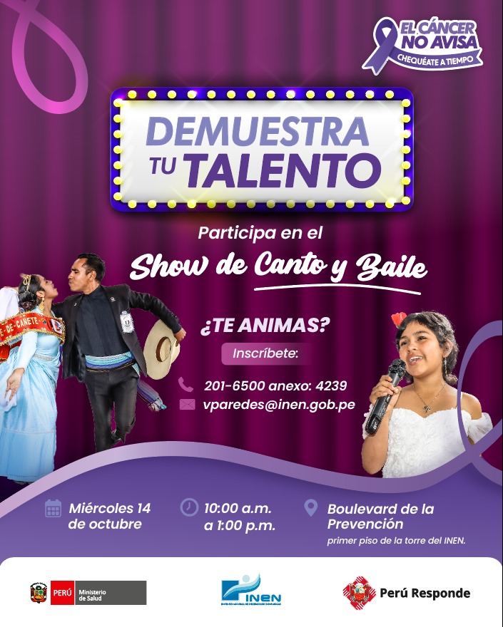 INEN_Peru's tweet photo. #ElCáncerNoAvisa | En el marco de la Semana Nacional de la Lucha contra el Cáncer, el INEN invita a pacientes, familiares y profesionales de la salud a participar del Show de Canto y Baile.
Inscripciones:
☎️ 201-6500 anexo 4239
📧vparedes@inen.gob.pe
¡Te esperamos! 💜
#INEN https://t.co/U4A7aPV9IJ
