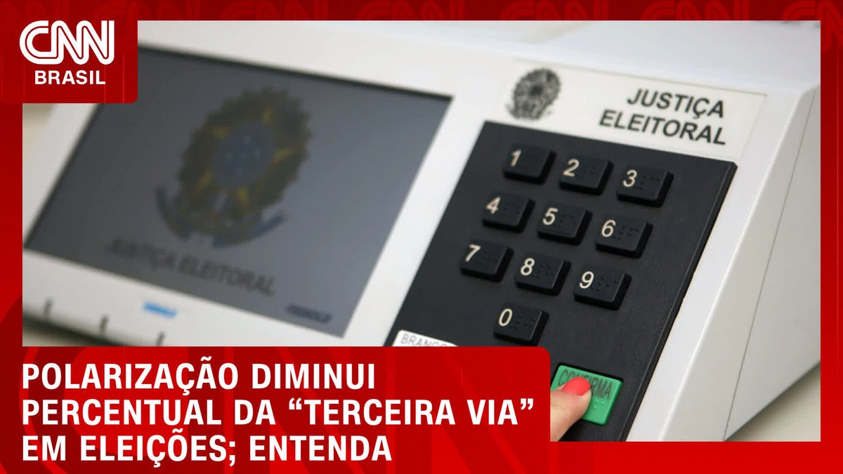 A CNN Brasil news graphic shows a close-up of a Brazilian electronic voting machine ("Justiça Eleitoral" / "Urna Eletrônica") with a finger pressing the green "CONFIRMA" button, illustrating the headline about declining percentage support for the "third way" option in elections.