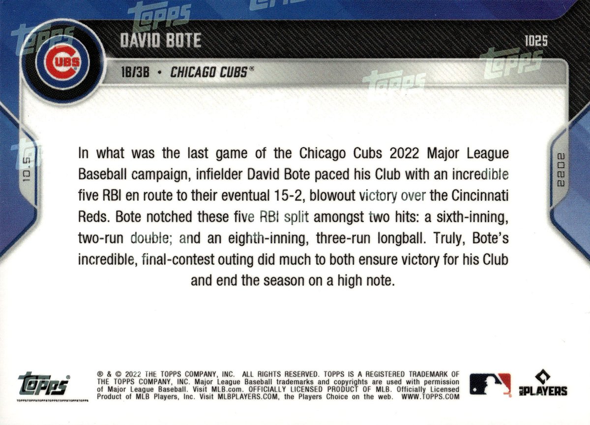 GameDatedCubs's tweet photo. OTD in 2022, the Cubs finished out the regular season with a bang, defeating the Reds 15-2.

David Bote led the way with 5 RBI and this #ToppsNow card, #1025. This card had a print run of 369 (damn she fine).

📸- Andy Lyons https://t.co/7V97GAalyF