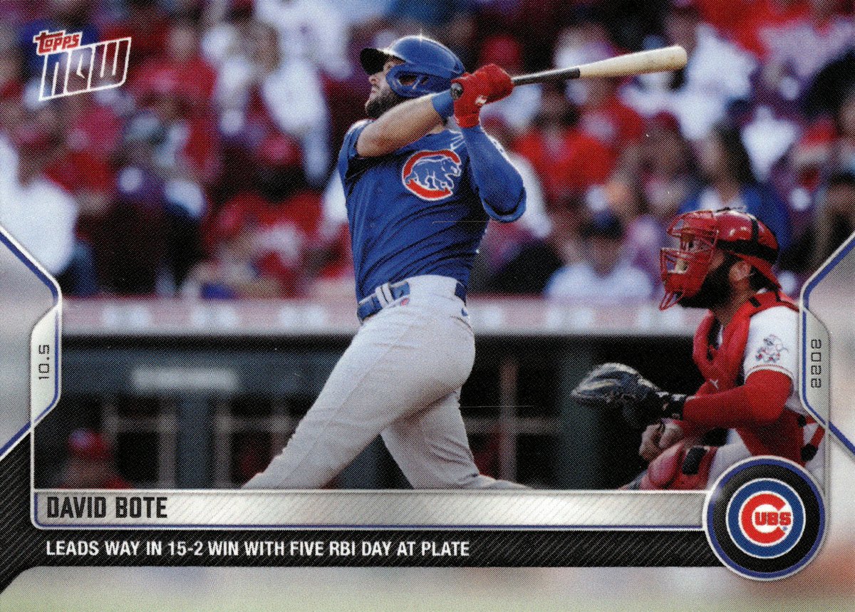 GameDatedCubs's tweet photo. OTD in 2022, the Cubs finished out the regular season with a bang, defeating the Reds 15-2.

David Bote led the way with 5 RBI and this #ToppsNow card, #1025. This card had a print run of 369 (damn she fine).

📸- Andy Lyons https://t.co/7V97GAalyF