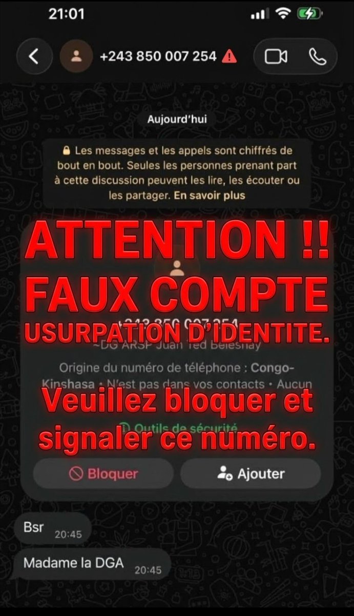 charlekabamba's tweet photo. 🚨 ALERTE ARNAQUE 🚨

Méfiance ! Un faux compte WhatsApp usurpe l’identité de Monsieur @juantedbelkas, Directeur Général de l’#ARSP.

⚠️ Ne répondez à aucun message provenant de ce compte et ne communiquez aucune information. Il s’agit d’une tentative de fraude et d’escroquerie.
 Bloquez et signalez immédiatement le numéro .