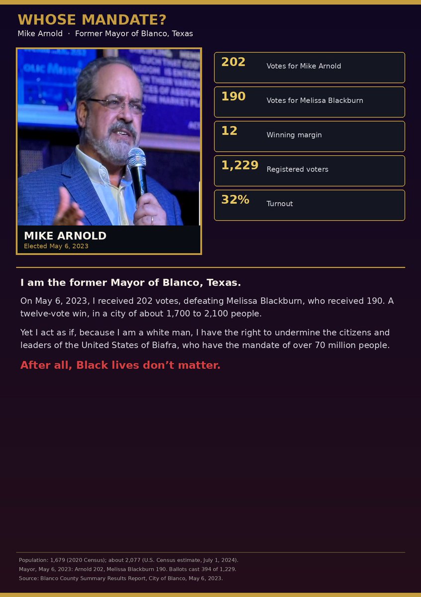OCCPriceless's tweet photo. Now I understand why the ignoramus Mike Arnold (@MikeArnoldTruth) disrespected Mazi Nnamdi Kanu and all United States of Biafra leaders and citizens by disputing the population of the United States of Biafra. 

Some Biafran families are larger than Blanco, Texas, the town of about 2,000 people where he was once mayor. I can also understand his frustration, and the tantrum-filled messages and actions that followed.