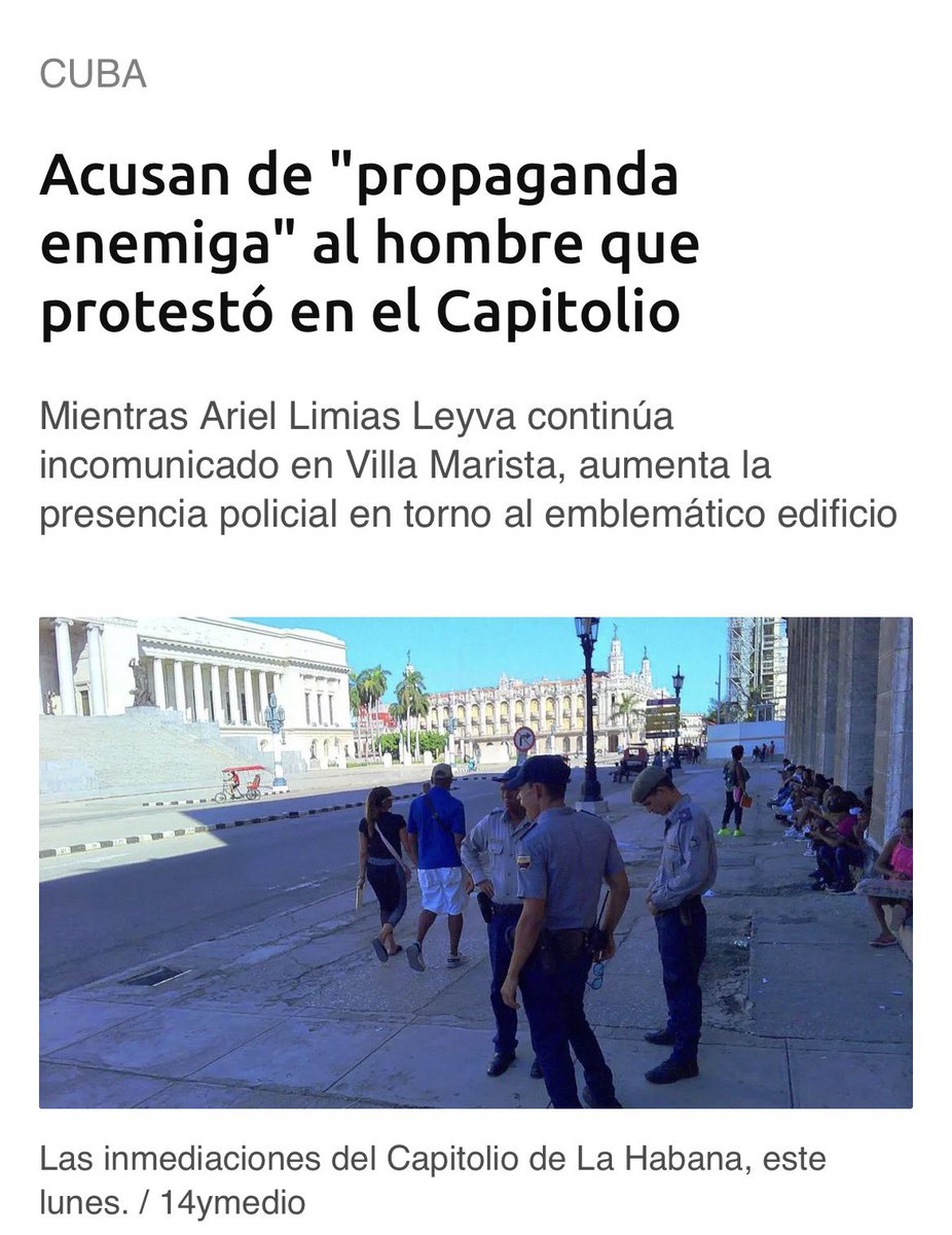 MagJorgeCastro's tweet photo. ⚠️⚠️El régimen acusa de “propaganda enemiga” al cubano que protestó con un cartel en el Capitolio, según reveló 14ymedio.

Parece que pedir “libertad”, “patria y vida” y el fin de la discriminación política le causa alergia al castrismo.

Este es el sistema que todavía defiende parte de la izquierda internacional.