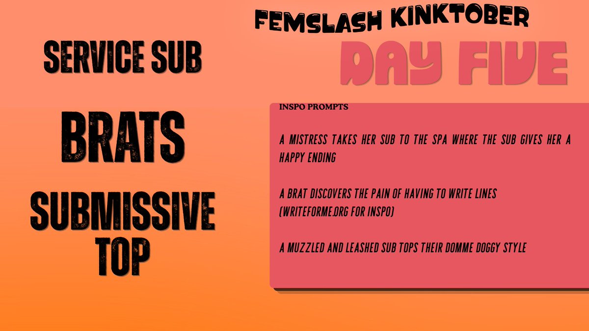 fslashkinktober's tweet photo. Some Day 5 Writing Prompts for Femslash Kinktober. We love a submissive top 😋😋😋 https://t.co/N8kiATiaTv https://t.co/te0pSWRfpK