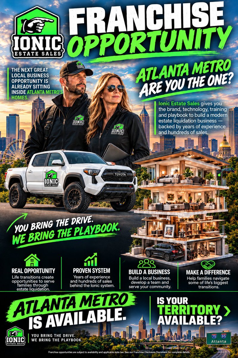 ionicestatesale's tweet photo. Atlanta Metro — you already know how to build relationships and earn trust. What if those became a hands-on estate liquidation business — brand, training, and playbook — beside what you already do? Atlanta Metro is open for the right operator. Request the overview → https://t.co/wCkkMZXs9Y