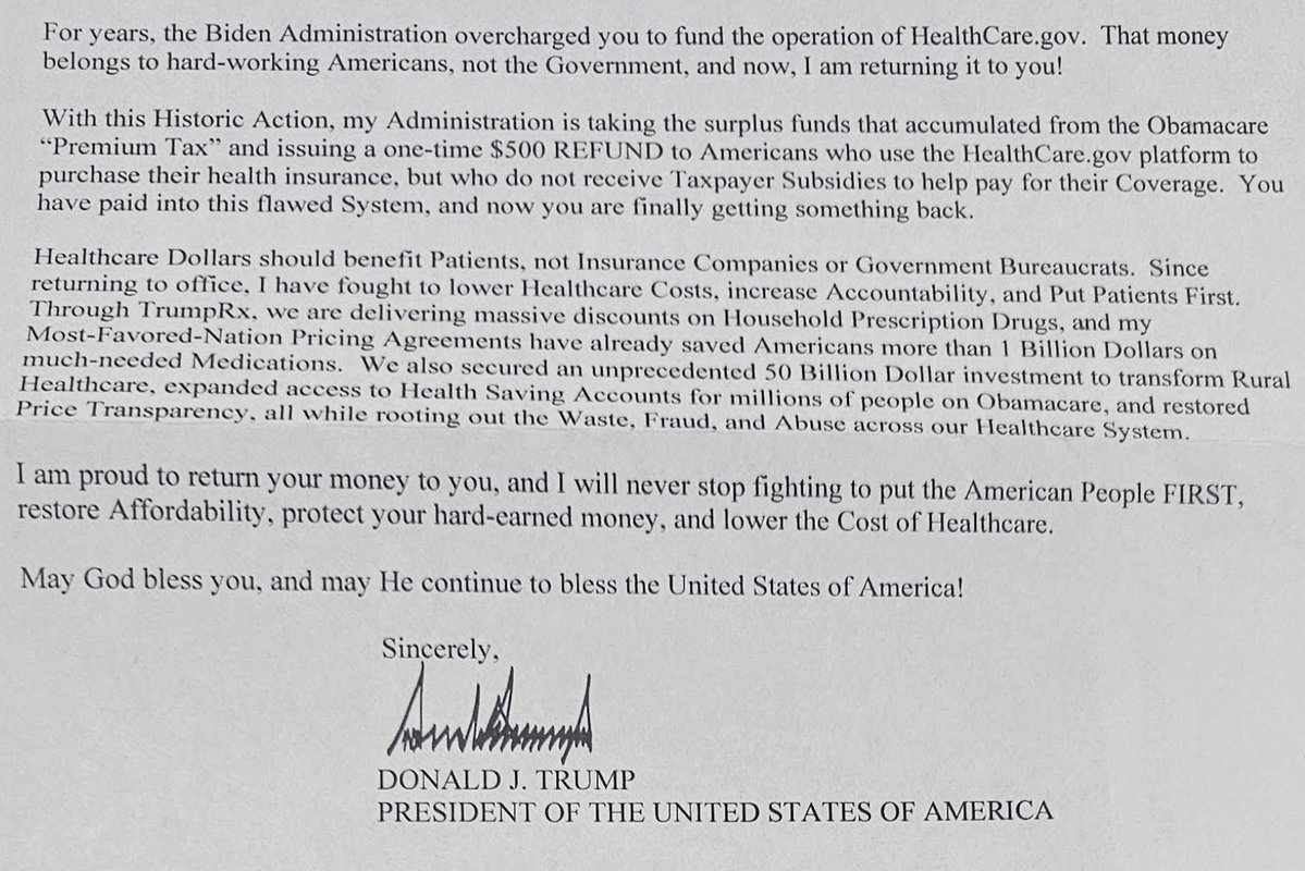 AaronParnas's tweet photo. NEW: This is the letter nearly 1 million Americans are receiving alongside their $500 Obamacare refund. 

The letter attacks Joe Biden, is signed by Trump, and says "I am proud to return your money to you, and I will never stop fighting to put the American People FIRST, restore Affordability ..."