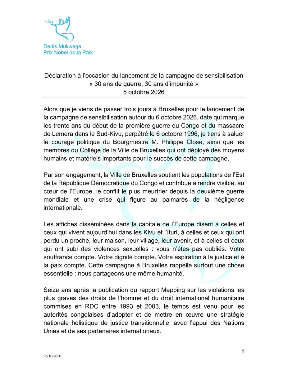 DenisMukwege's tweet photo. 30 ans après le massacre, la mémoire de Lemera doit devenir un engagement pour la justice. Bruxelles dit aux Congolais de l'Est : vous n'êtes pas oubliés.  
Lisez la déclaration complète sur mon site internet : https://t.co/TxlGW9zx9u #30AnsDeGuerre #30AnsDImpunité #RDC #6Octobre1996 #NoPeaceWithoutJustice