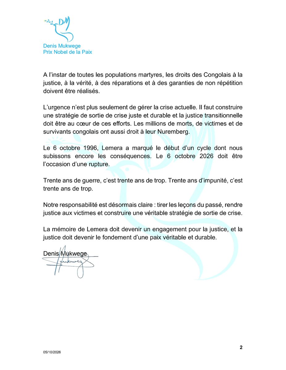 DenisMukwege's tweet photo. 30 ans après le massacre, la mémoire de Lemera doit devenir un engagement pour la justice. Bruxelles dit aux Congolais de l'Est : vous n'êtes pas oubliés.  
Lisez la déclaration complète sur mon site internet : https://t.co/TxlGW9zx9u #30AnsDeGuerre #30AnsDImpunité #RDC #6Octobre1996 #NoPeaceWithoutJustice