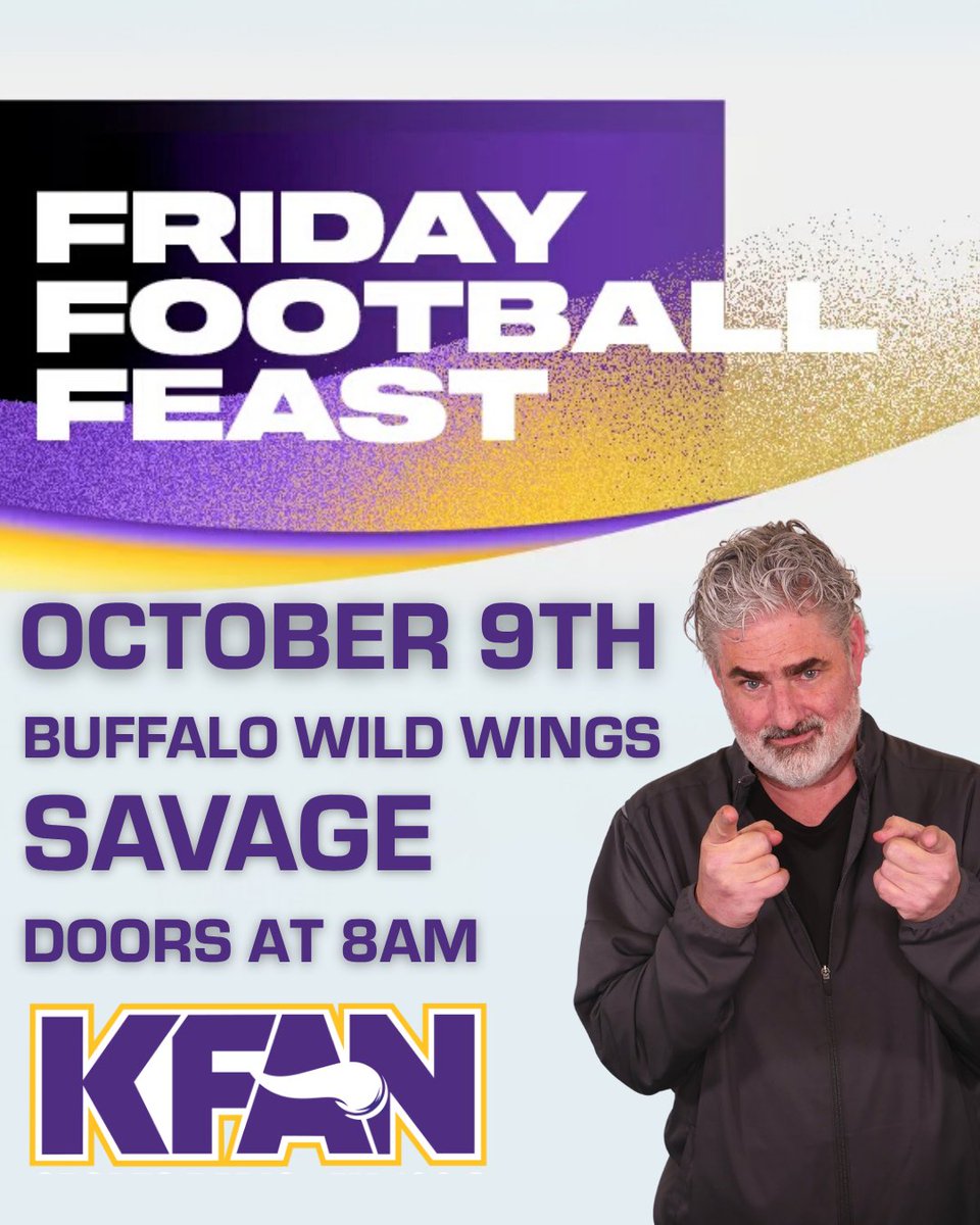 KFAN1003's tweet photo. Who's ready to Feast this Friday??

The Friday Football Feast heads to @BWWings Savage this week! Join @PAOnTheMic, @madproducer1 and @alec_lewis for tons of Vikings talkers, great eats and prizes up for grabs! Doors open at 8am!

FULL INFO: https://t.co/Gj3yxBUaWR https://t.co/sllP7qtawf