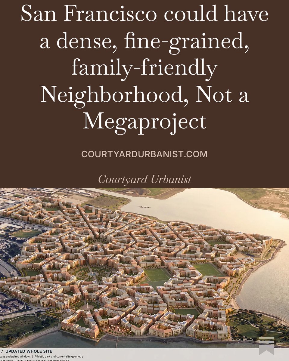 UrbanCourtyard's tweet photo. What could Candlestick Point in southeastern San Francisco look like as a courtyard urbanist neighborhood? With 16,000 homes, including roughly 6,600 three- and four-bedroom homes with direct access to protected "go play outside!" yards?

This richly illustrated study explores a plan for family-friendly density, activated streets and piazzas, and new ways for people to build and own their neighborhood ... with images based on editable, GIS-informed geometry.

We don't have to choose between density and green space. We can have the cake and eat it too. 

Link in replies.