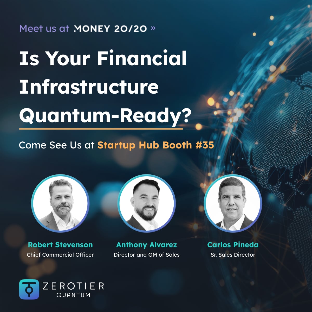 ZeroTier's tweet photo. We’re heading to @money2020 in Las Vegas this month! If secure connectivity across branches, data centers, cloud environments, and partner networks is on your agenda, stop by booth #SU35 to chat with the #ZeroTier team about what’s next for financial infrastructure. #Money2020USA https://t.co/XWQ32SScLh