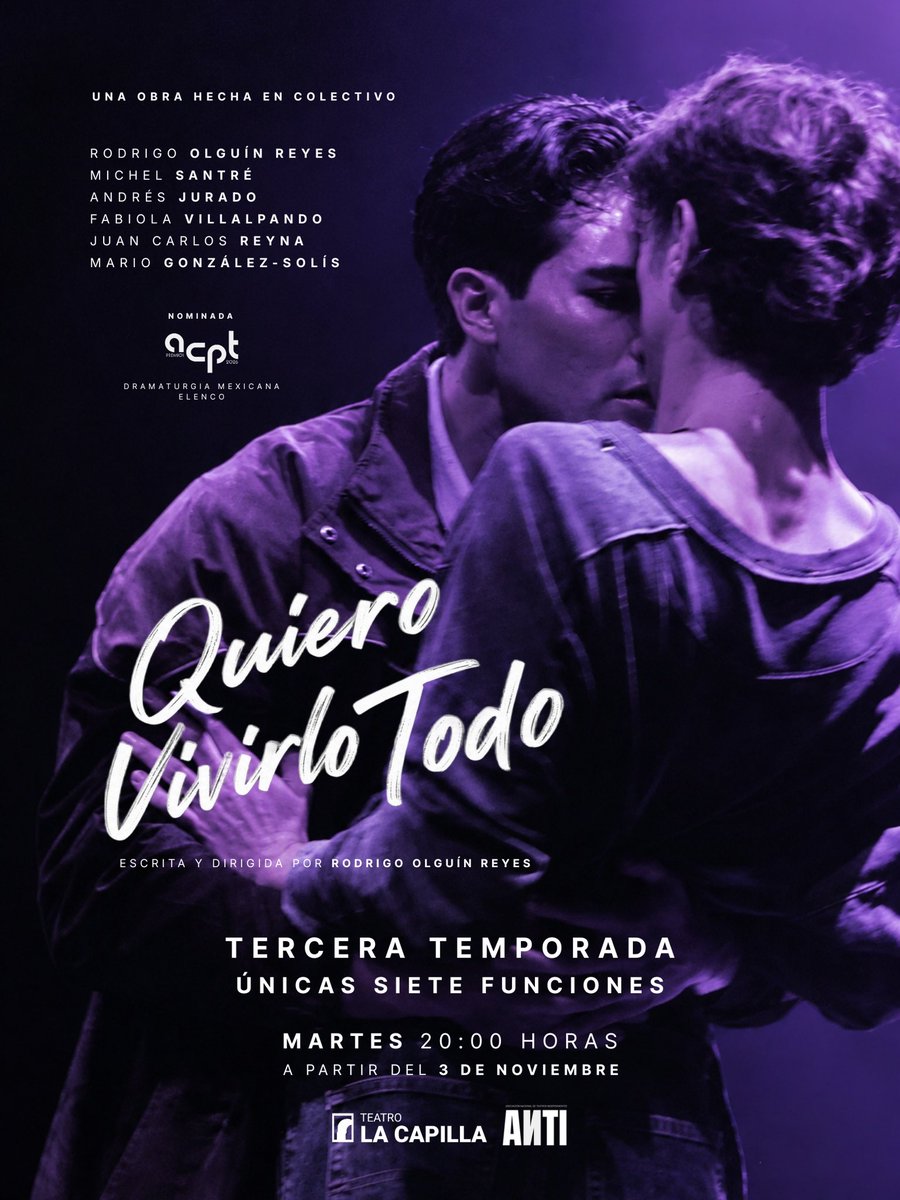 ReynoldsR86's tweet photo. ¡Regresamos 7 únicas funciones! 

#QuieroVivirloTodo del 3 de noviembre al 15 de diciembre en @LaCapillaTeatro https://t.co/2z86LiRQEK