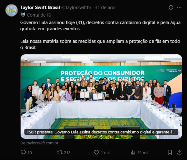 pedropomper's tweet photo. Quem entrou nessa conta:

BTS, Taylor Swift, Justin Bieber, Ariana Grande, Katy Perry, Louis Tomlinson, Harry Styles, Jonas Brothers, Lady Gaga, Shawn Mendes, Dua Lipa, Olivia Rodrigo, Demi Lovato.

Página de fã. Não servidor. Não produtora. Não artista.

O critério não está no papel. O resultado está: os convidados que o governo escolheu para bancar são, na prática, os que já faziam campanha para o Lula.