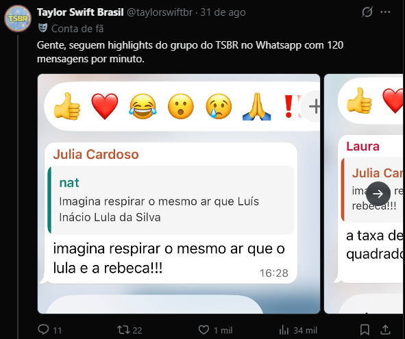 pedropomper's tweet photo. Quem entrou nessa conta:

BTS, Taylor Swift, Justin Bieber, Ariana Grande, Katy Perry, Louis Tomlinson, Harry Styles, Jonas Brothers, Lady Gaga, Shawn Mendes, Dua Lipa, Olivia Rodrigo, Demi Lovato.

Página de fã. Não servidor. Não produtora. Não artista.

O critério não está no papel. O resultado está: os convidados que o governo escolheu para bancar são, na prática, os que já faziam campanha para o Lula.